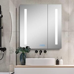 Fundin LED Bathroom Mirror Medicine Cabinet with Defogger, Dimmer, Outlet and USB Charger, Wall Medicine Cabinet 24" W x 25.6" H Recessed or Surface Mount, Aluminum Bathroom Storage Cabinet