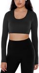 ENERBLOOM Long Sleeve Crop Tops for Women Workout Yoga Shirts Slim Fitted Cream Feeling U Neck Cropped Athletic Gym Tee Black Medium