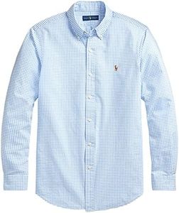 Ralph Lauren Polo Men's Long Sleeve Classic Oxford Shirt, (Spring/Summer 2021) Checkered Blue/White., Medium