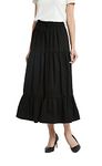 Tronjori Womens A Line Long Midi Denim Skirt Tired Pleated Layers Elastic Waist Front Drawstring, Black Denim, X-Large