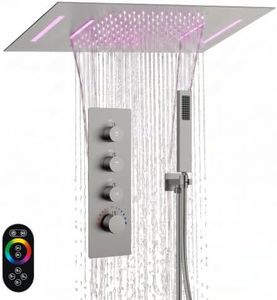 GRANDJOY Thermostatic Rainfall Shower System, 23" x 15" Ceiling Waterfall Faucet Set with Handheld Sprayer & 64 Led Light, Brushed Nickel
