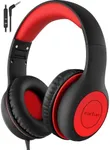 EarFun K1 Kids Headphones Wired with Microphone, 85/94dB Volume Limit Headphones for Kids, Portable Wired Headphones with Sharing Jack, Stereo Sound, Foldable Headset for Tablet/iPad/Kindle, Black Red