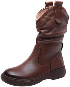 Keilinia Women's Leather Pull-On Cowboy Boots,Fall/Winter Comfy Waterproof Non-slip Softsole Casual Dress Oxford Mid-calf Boot (5,Brown Velvet,5)