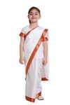 Kaku Fancy Dresses Polyester Indian State Bengali Dance White Saree Farmer Costume For Kids -White & Red, 3-4 Years, For Girls