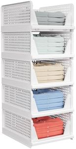 5 Pack Stackable Closet Storage Basket - Stackable Storage Bins, Multifunctional & Foldable Closet Organizer, Wardrobe Cupboard Space-Saving Hat Storage Drawer Organizer, White