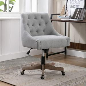 Swivel Home Office Chair, Modern Fabric Upholstered Tufted Accent Computer Desk Chair with Ergonomic Wide Backrest and Wooden Legs, Height Adjustable Swivel Vanity Chair for Office, Gray