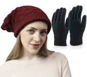 Weavers Villa Set of Snow Proof Inside Fur Acro Wool Unisex Beanie Cap Knit Hat Thick Fleece Lined Winter Cap and Gloves for Men & Women, Free Size (IN, Alpha, Free Size, MAROON)