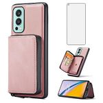 Phone Case for OnePlus Nord CE 2 5G Wallet Cover with Tempered Glass Screen Protector and Credit Card Holder Zipper Leather Cell One Plus CE2 1 Plus 1plus NordCE2 One+ 1+ EC 2 G5 Women Men Rose Gold