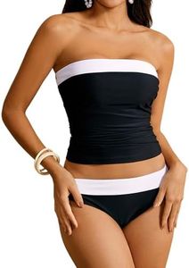 WDIRARA Women's 2 Piece Color Block Tankini Set Bandeau Strapless Ruched Bathing Swimsuit XL
