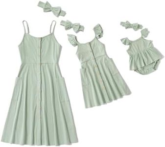 IFFEI Mommy and Me Dresses Matching Set Solid Front Button Family Matching Sleeveless Dresses with Headband and Pockets 2T Green Mint