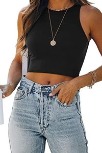 EFAN Womens Sexy Sleeveless High Neck Crop Tops Workout Cute Racerback Cropped Tank Tops Summer Clothes Teen Girls, Black, XX-Large