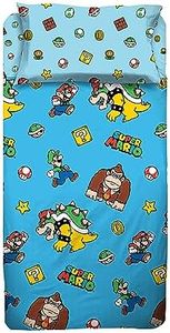 Super Mario Single Bed Sheet Set, Single Room, Pillowcase, Top Sheet, Fitted Sheet, 100 Percent Cotton, Light Blue