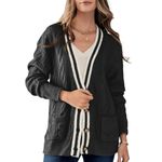 Womens Lightweight Sweater Cardigans 2024 Fall Cable Knit Color Block Sweater Long Sleeve Button Winter Cardigan Pockets, Black, L