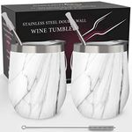 CHILLOUT LIFE Stainless Steel Wine Tumblers 2 Pack 12 oz - Double Wall Vacuum Insulated Wine Cups with Lids and Straws Set for Coffee, Wine, Cocktails (Carrara Marble)