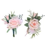 IYOU Wrist Corsage and Boutonniere Set Pink Wedding Artificial Flower Corsage Set Prom Bride Bridesmaid Men Boutonniere Decoration for Women and Girls (2Pcs)