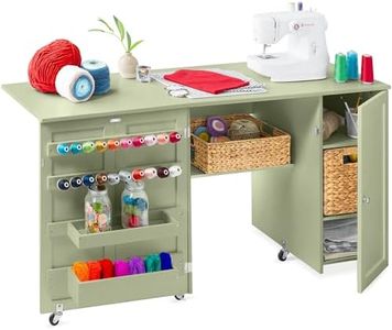 Best Choice Products Large Folding Sewing Table, Multipurpose Portable Craft Station & Side Desk w/Compact Design, Caster Wheels, Storage Shelves, 2 Storage Trays, Magnetic Doors - Light Green