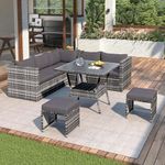 Merax Rattan Garden Furniture Set with Corner Sofa, Table and Stool, Outdoor Patio Dining Set, Inc.Seat- and Back Cushions (7-person seater)