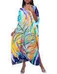 Bsubseach Kaftan Dresses for Women Long Swimsuit Coverup Short Sleeve Plus Size Caftan Dress Resort Wear Large Leaves