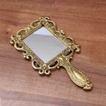 KridayKraft Beautifully Carved Square Shape Gold Plating Metal Hand Mirror for Makeup, Travelling, Salon Mirror & Decorative Antique Item, framed