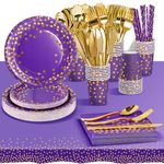 AIPartywar Party Tableware Set, Kids Birthday Party Supplies 226 Piece Purplegold Paper Plates Set Party Plates Cups Napkins Straw Dinnerware for Babyshower Engagement Wedding Birthday- 25 Guests