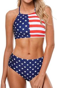 CharmLeaks American Flag Women Bathing Suit Halter Bikini High Neck Swimsuits L