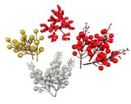 Kriwin Holy Winter Berry Sprigs Cherries Stems for Christmas Tree Wreath Decorations (Medium, 16)