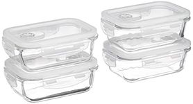 Amazon Brand - Solimo Borosilicate Glass Containers With Air-Vent Lids For Kitchen/Tiffin, 4, Rectangle (370 Ml Each),Transparent