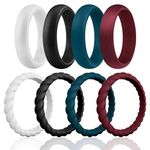 ROQ Silicone Rubber Wedding Rings for Women, Thin Braided Point Stackable Rubber Silicone Wedding Band, Bridal Jewelry Set, Anniversary Rings, Promise Ring, 2.55mm Wide 2mm Thick, 8 Pack, Black, White, Bordeaux, Dark Blue, Size 7