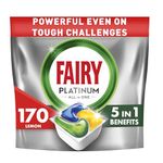 Fairy Platinum Dishwasher Tablets, Lemon, 170 Capsules, Powerful Even on Tough Cleaning Challenges, Clean Dishes, Shiny Machine, Cleans Greasy Filter