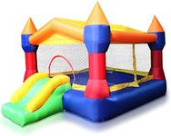 SereneLife Inflatable Bounce House Castle Bouncer - Indoor/Outdoor Portable Jumping Bounce Castle w/Slide, Safety Net - Kids Castle Party Bounce House Velcro Balls Rings, Air Pump, Carry Bag SLIB960