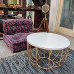 Priti -Round Coffee and Side Accent End Table for Living Room with Metal & Engineered Wood Tabletop and Metal Frame Gold Powder Coated-White-Gold