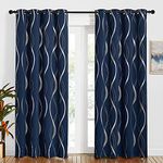 PONY DANCE Blackout Navy Curtains for Bedroom - 52 x 84 Inch, Eyelet Curtains for Living Room Thermal Insulated Silver Wave Line Foil Printed Window Black out Curtains, 2 Panels