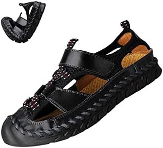 Keilinia Men's Summer Closed Toe Hiking Sandals,Comfy Breathe Leather Splicing Mesh Non-Slip Softsole Outdoor Travel Beach Shoes (6,Black)
