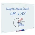 Magnetic Glass Whiteboard Dry Erase Board, 48 X 32 Magnetic Glass Board Whiteboards Glasses for Interactive Office Wall Frameless White Glassboard with Marker Tray, 4x3 Feet