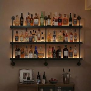 Woskar 3-Tier Wall Mounted Wine Rack with LED & Black Shelves,70.9"