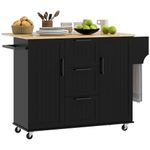 HOMCOM Kitchen Island with Drop Leaf, Rolling Kitchen Cart on Wheels with 3 Drawers, 2 Cabinets, Natural Wood Top, Spice Rack and Towel Rack, Black