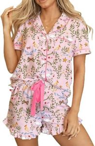 KevaMolly Womens Lounge Sets Floral Bow Printed Pocketed Knotted PJ Set Short Sleeve Xmas Top and Shorts Floral Light Pink XL