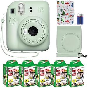 Fujifilm Instax Mini 12 Instant Camera + MiniMate Accessory Bundle & Compatible Custom Case + Fuji Instax Film Value Pack (50 Sheets) Flamingo Designer Photo Album (Mint Green)