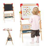 COSTWAY 3 in 1 Kids Art Easel, Double-Sided Chalkboard and Whiteboard with Paper Roll, Magnetic Letters, Abacus, 360° Rotating Drawing Board for Toddlers Boys Girls