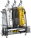 Staransun Golf Bag Storage Garage Organizer for 3 Golf Bags - Golf Bag Storage Rack for Garage - Golf Bag Organizer with 2 Side Shelves, Clubs Holder and Wheels - Golf Organizer for Golf Accessories