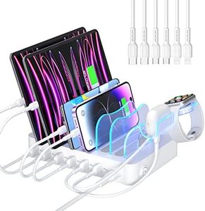 SooPii USB Charging Station Organizer for Multiple Devices, 6 Ports 50W Charging Dock with 6 Cables and Upgraded i-Watch Charger Holder Included, for Phones,Tablets and Other Electronics,White