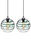 ARIAMOTION Pendant Lighting for Kitchen Island Green Stripe Seeded Glass Modern Coastal Style Light Fixtures for Beach House Dinning Room Table Hand Blown Art Glass Globe 9 Inch Diameter 2Pack