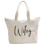 CARAKNOTS Wifey Bride Tote Bag for Wedding Gifts Bridal Shower Gifts for Wifey Bag with Zip Engagement Honeymoon Bachelorette Party Present Canvas Wedding Bridal Tote Shoulder Bag