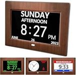 CAZOKASI Clock With Day And Date For Elderly Calendar Digital Alarm Options, Level 5 Auto Dimmable Display,Extra Large Impaired Vision（7in / Woodgrain）