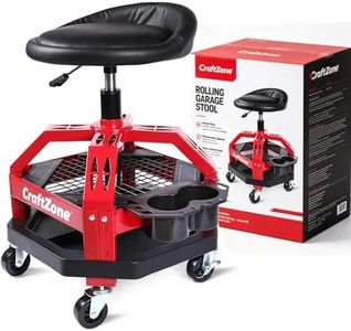 CRAFTZONE Rolling Shop Stool with Wheels, Heavy Duty Garage Shop Creeper,Adjustable Height Roller Seat, 360-degree Swivel Industrial Garage Stool with Storage Shelf, Red