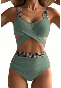 MAIABLEAU Women 2 Piece Swimsuits Crisscross Wrap Tummy Control Bathing Suits Tie Back Swimwear Green 2XL