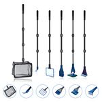 6 in 1 Aquarium Glass Tank Cleaning kit, Spoon Net, Gravel Rake, Plant Fork, Scraper, Sponge, Connector, Fish Net Tool Set, for Domestic Fish Tank Maintenance