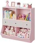 IDEALHOUSE Kids Toy Storage Organizer with 3 Movable Drawers, 3 Tier Children Bookcase and Bookshelf, 7 Cubby Toy Storage Cabinet, Toy Shelf for Playroom, Bedroom, Living Room, Nursery,Pink