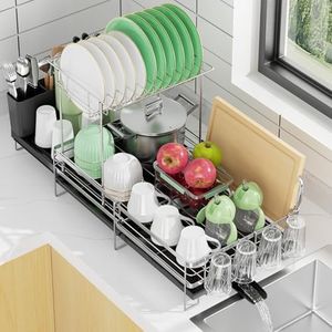 Pantasia Large 2 Tier Dish Drying Rack, Extendable Dish Rack, Stainless Steel Anti-Rust Dish Rack for Kitchen Counter, Multifunctional Dish Drainer with Utensil & Cup Holder, 13.4"-28.7" L x 11.8" W