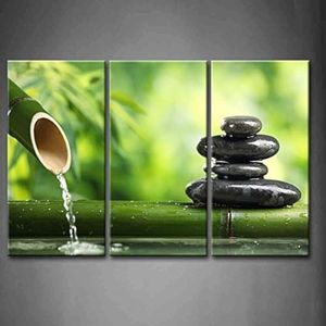 Framed Spa Wall Art Bamboo Fountain Zen Stone Painting Canvas Print Picture For Home Office Decor